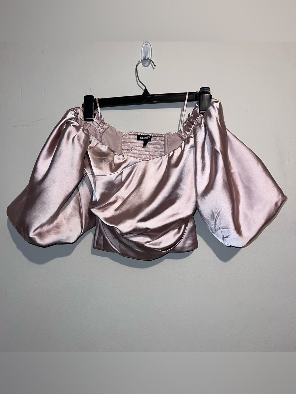 Express Satin Blush Off-Shoulder Puff Sleeve Crop Top